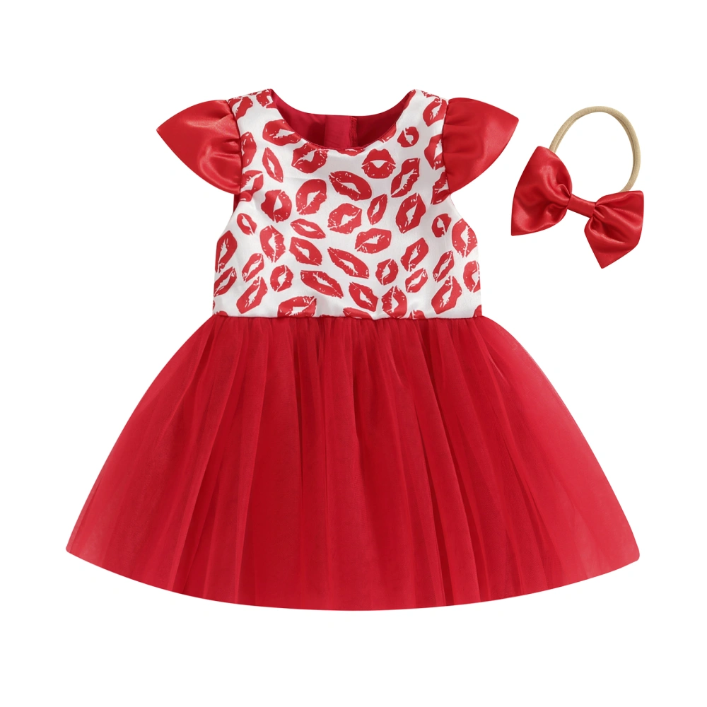 Baby Girl Valentine’s Day Outfits Lips Print Tulle Dress with Headband