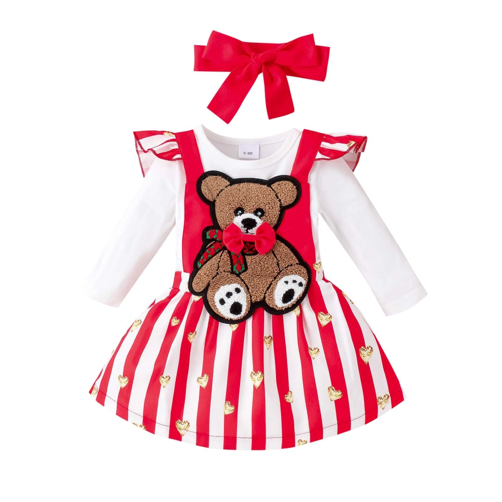 Baby Girl Long Sleeve Romper + Suspender Skirt + Bow Headband Set