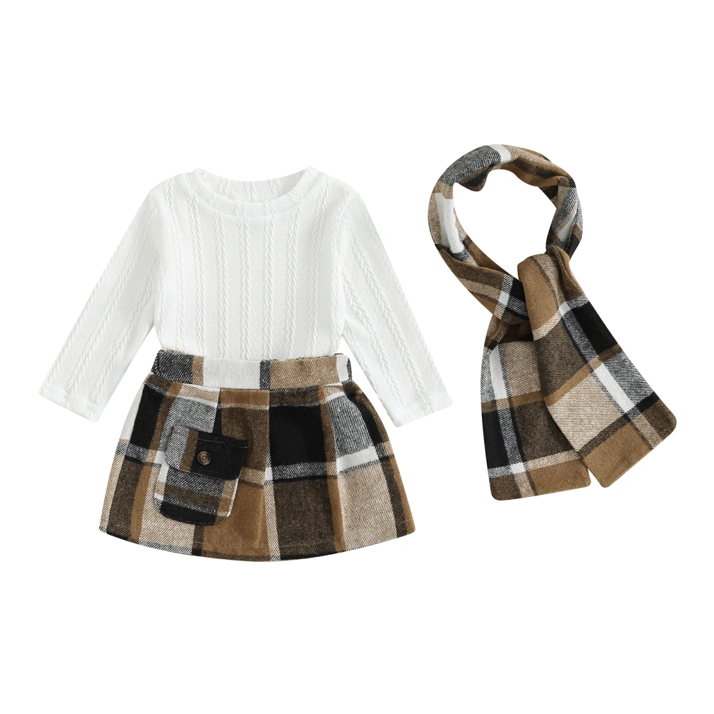 Girls Autumn White Long Sleeve Cable Tops A-line Plaid Skirt Scarf Set