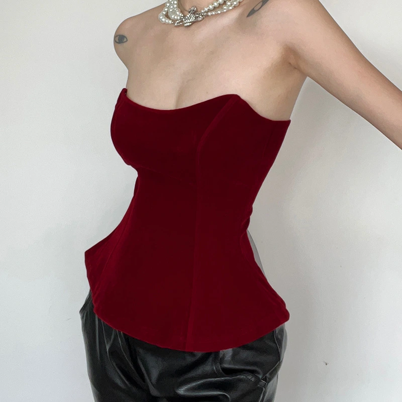 Women’s Tight Fitted Strapless Sleeveless Tie Up Velvet Crop Tops