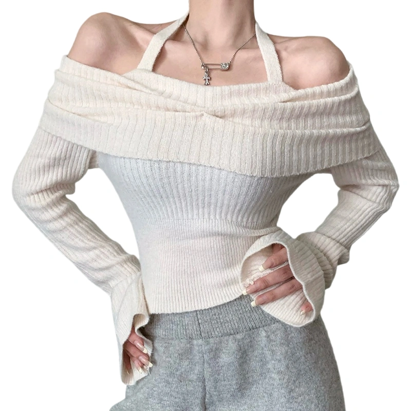 Women’s Fuzzy Tight Fitted Halter Neck Long Sleeve Knit Sweater