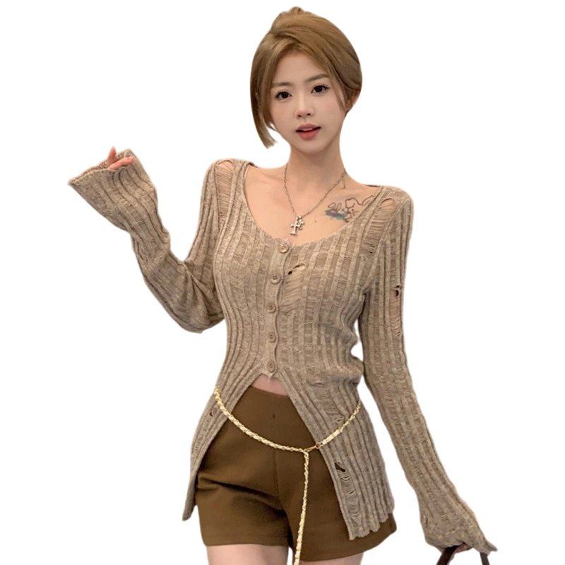 Women Knit Tops, Long Sleeve U Neck Button Closure Hollowed Tops