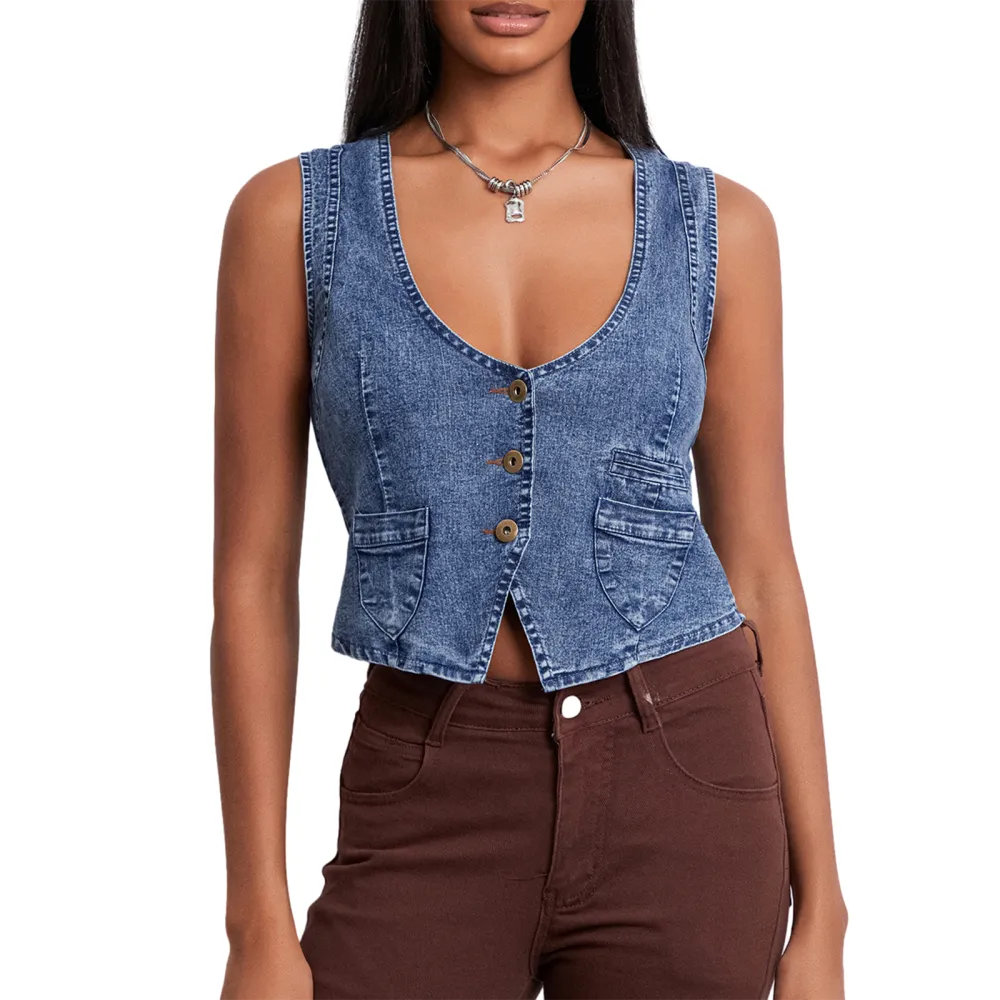 Women Denim Vest, Sleeveless V Neck Button Outwear Gilet with Pockets