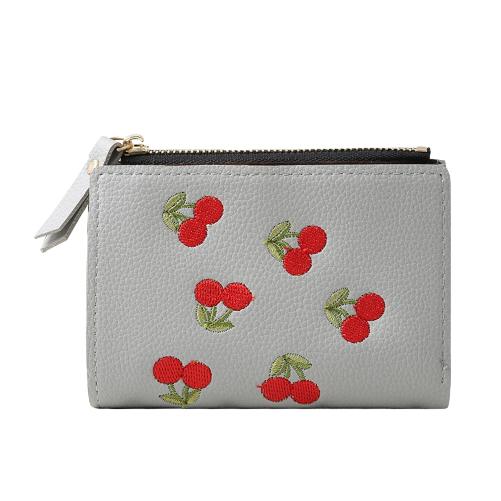 Women PU Leather Coin Purse Stylish Cherry Embroidered Small Wallet