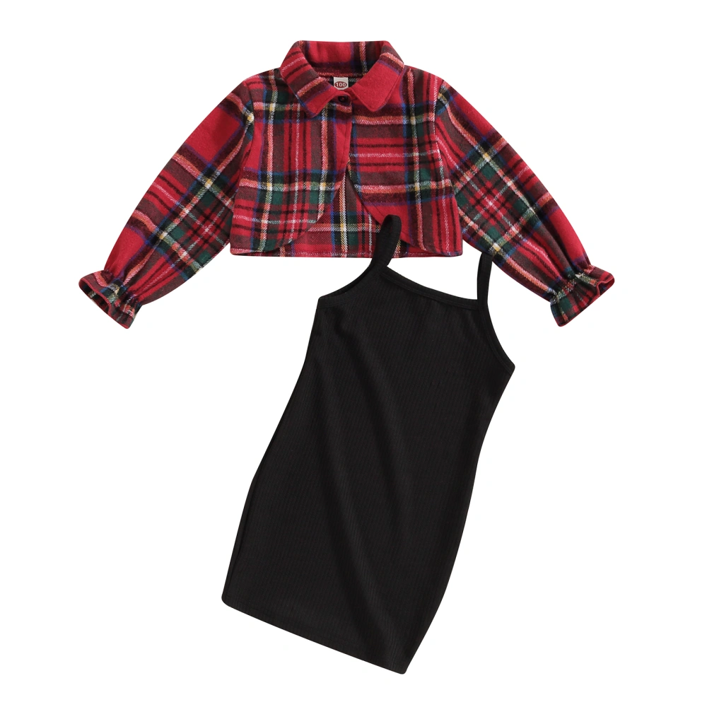 Long Sleeve Short Plaid Coat + Solid Cami Dress for Little Girl Set 