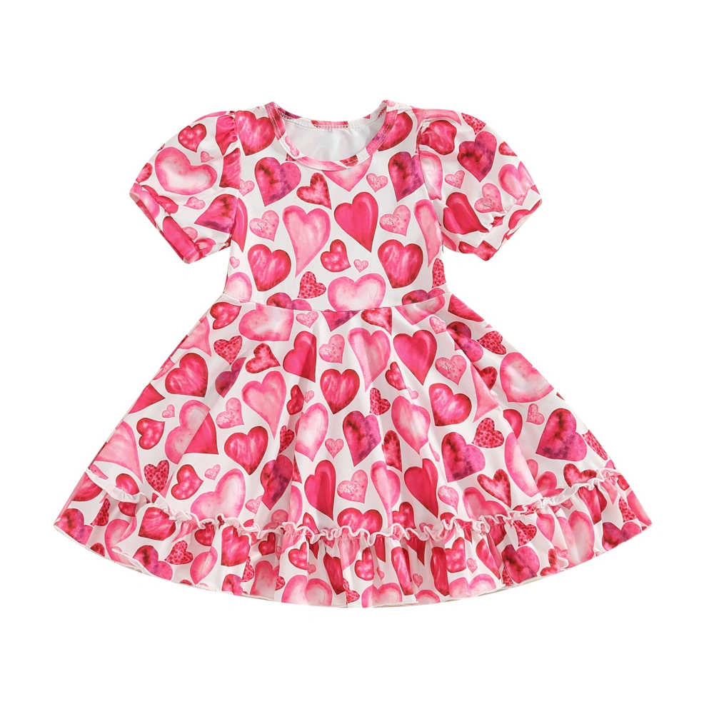 Kids Girl’s Dress, Short Sleeve Crew Neck Heart Print Summer Dress