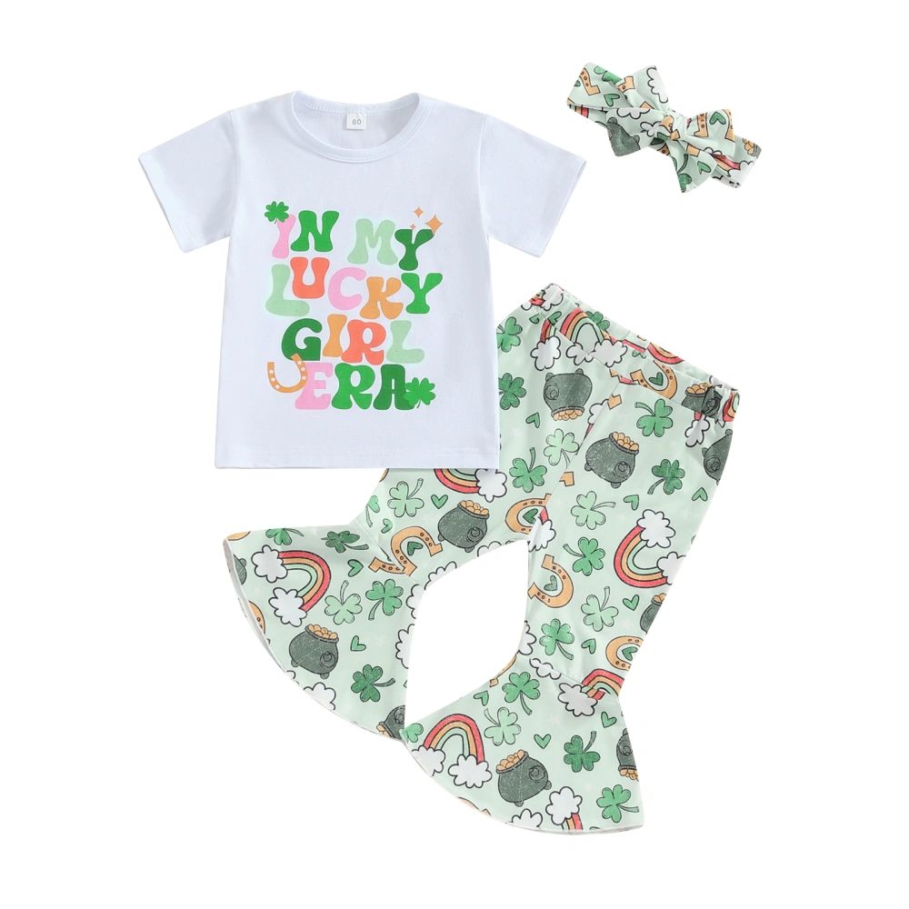 Girl Short Sleeve T-Shirt with Shamrock Pattern Flare Pants Headband