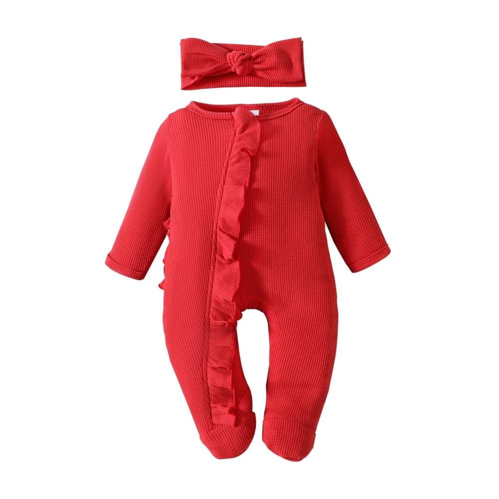 Baby Girls Outfit, Long Sleeve Frills Zipped Footies Jumpsuit Headband