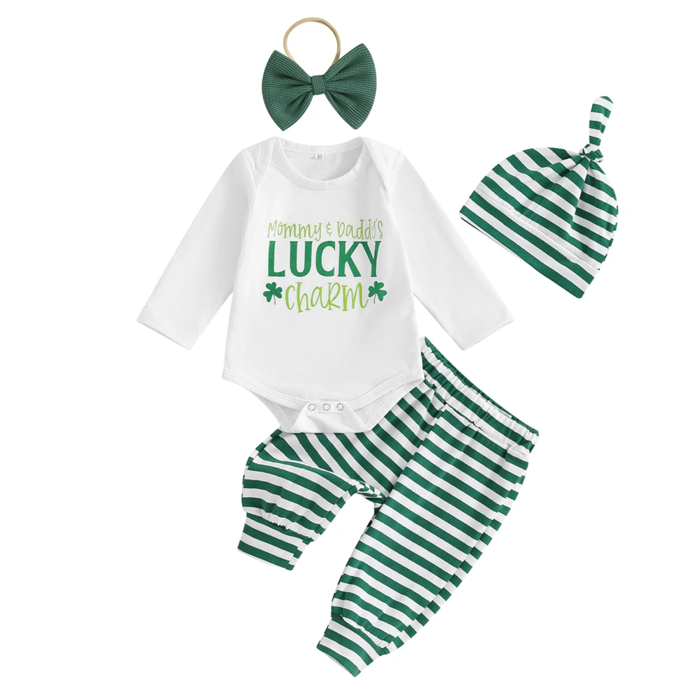 Baby Clothing Set, Letters Shamrock Romper Striped Pants Headband Hat