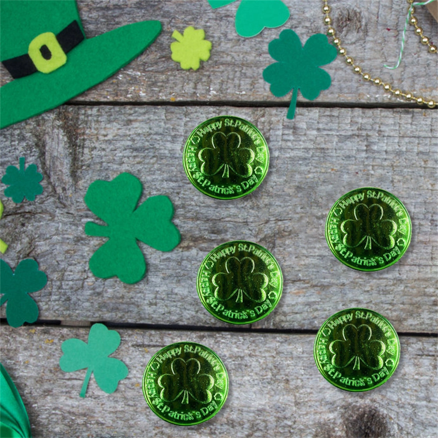 Shamrock Plastic Coins Green Gold Good Luck Irish Day Coins for Party
