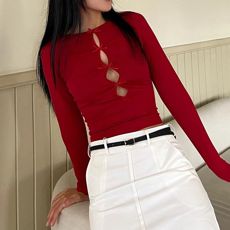 Women T-shirt, Long Sleeve Bow Hollowed Slim Fit Ladies Tops