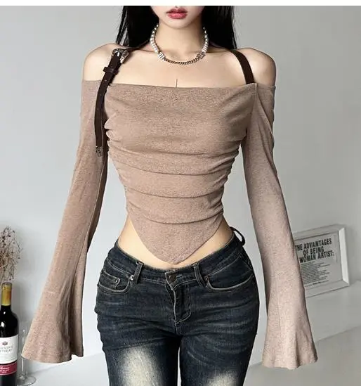 Women's Off Shoulder Tops Long Sleeve Halter Neck Ruched T-Shirts