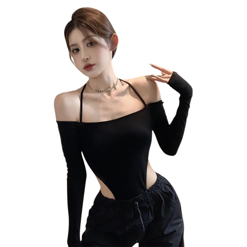 Women's Slim Bodysuit Off Shoulder Long Sleeve Halter Romper 