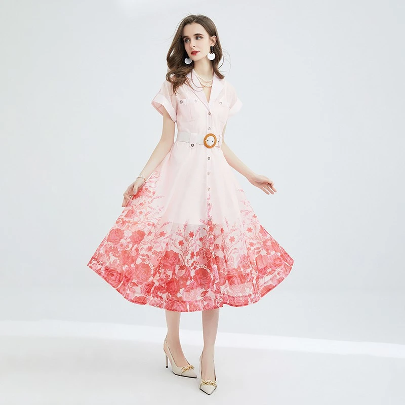 Seaside Vacation Style French Shirt Collar Printing Dress
