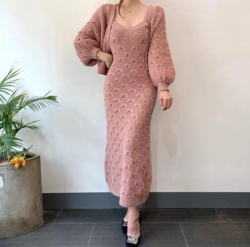 Single-breasted Lantern Sleeve Knitted Cardigan Coat Dress Suit