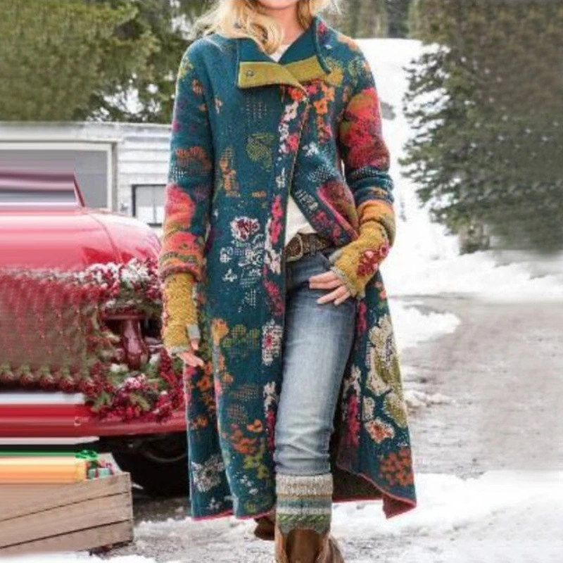 Women's Printed Long Patchwork Coat