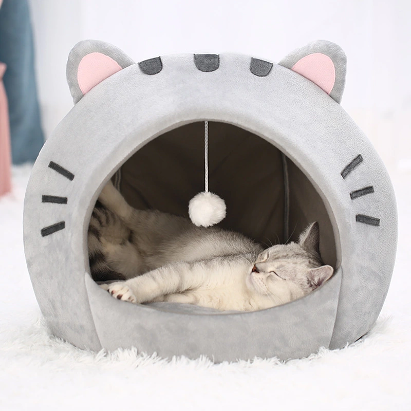 Cat Bed Warm Wooden Pet House Kitten Cave Cushion