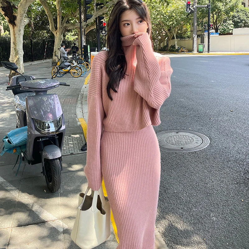 Lazy Style Two Piece High Neck Sweater Women's Age Reducing Slim Fit Pullover Knitted Skirt Set