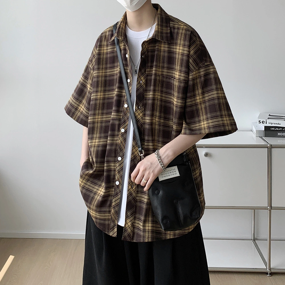Short Sleeve Plaid Shirt Male Summer Japanese Retro Loose Casual