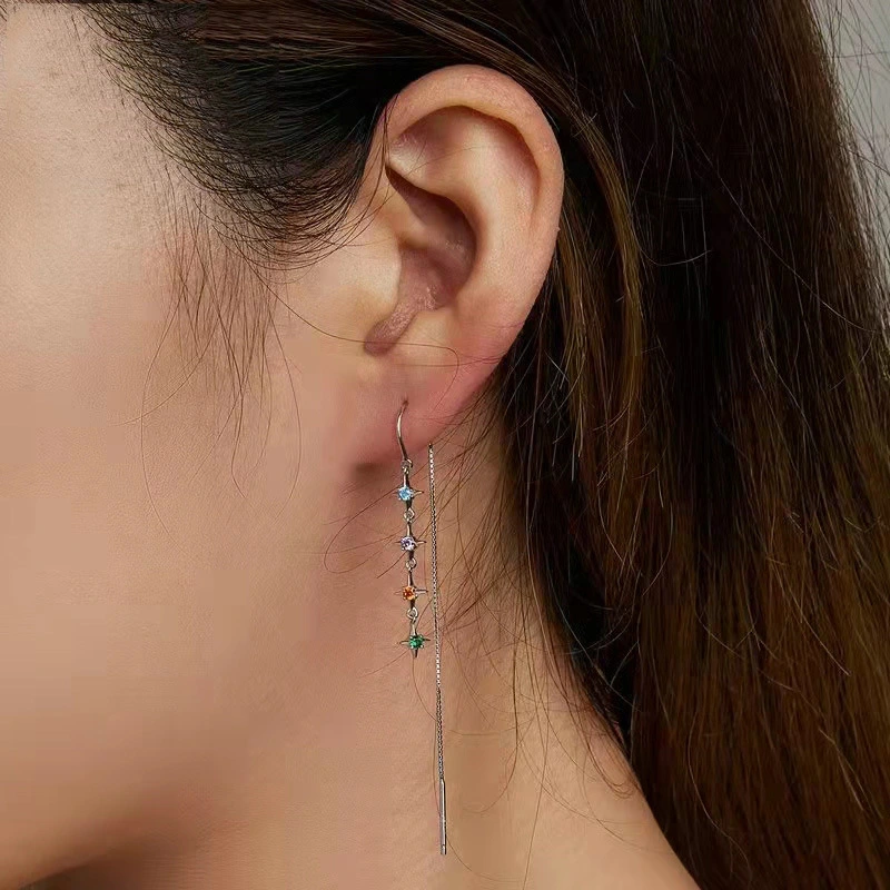 Los Man Silver S925 Stars Color Zirconium Hanging Earrings Simple Colorful Zircon Starry Sky Long Line Earrings Ear Studs