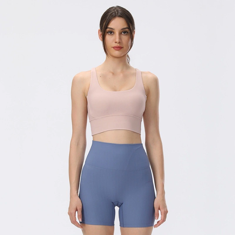 Rib Nude Feel Yoga Bra Sports Underwear Cross Beauty Back Thread Sports Bra For Women