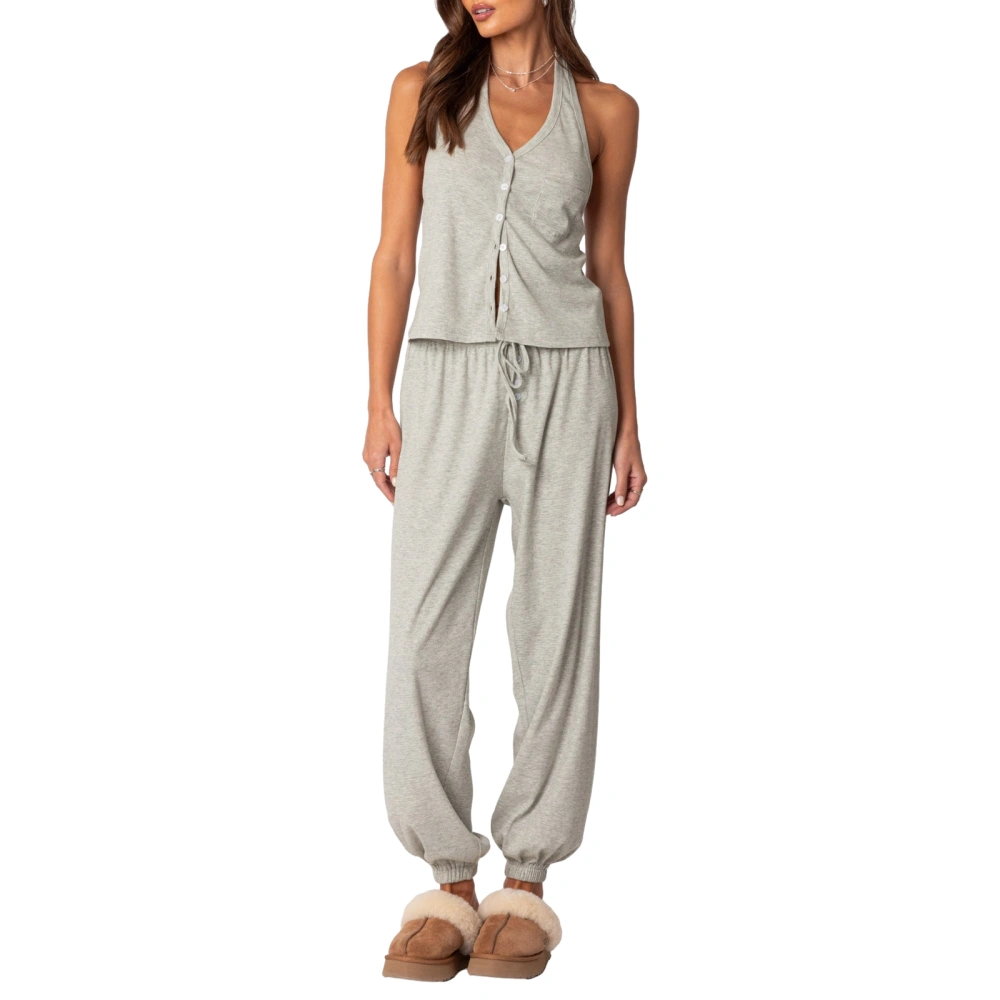 Women's Halter Neck Button Tops Casual Drawstring Pants Sleepwear Sets