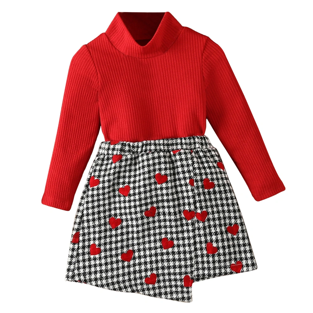 Girl Valentine's Day Outfit Solid Long Sleeve Tops with Plaid Skirt