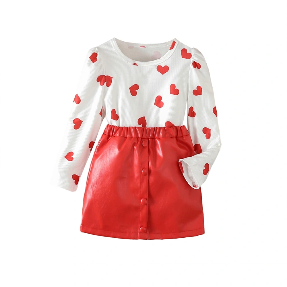 Girls Valentine's Day Heart Print Tops Red Button PU Leather Skirt Set