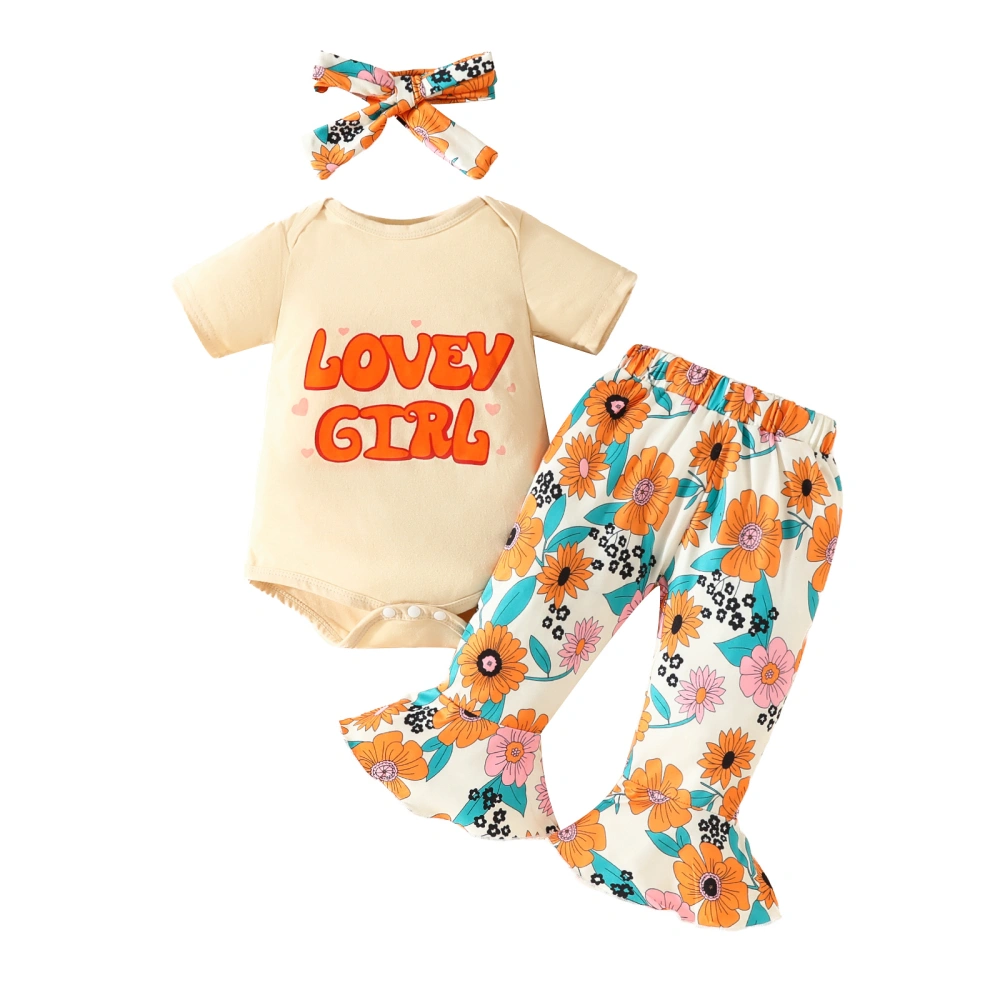 Baby Girl Short Sleeve Romper + Flare Long Pants + Headband Outfit