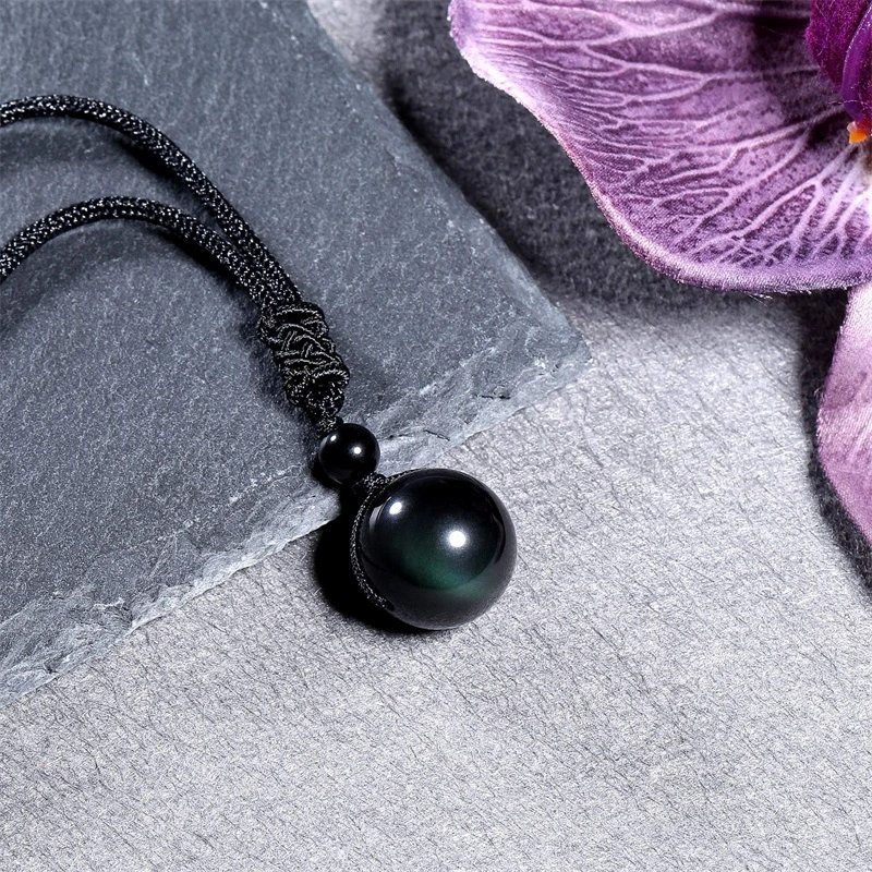 Fashion 16mm Natural Obsidian Pendant Amethyst Necklace For Men And Women