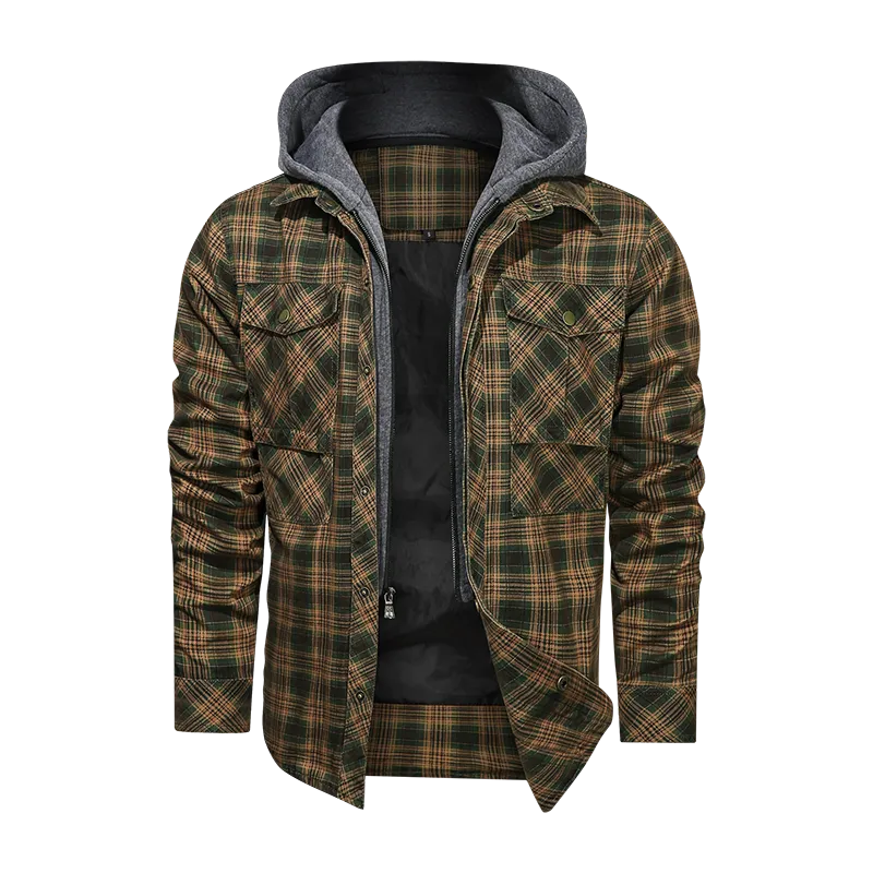 Men Long-sleeved Plaid Jacket Regular Fit Fleece Detachable Hoodies Jackets