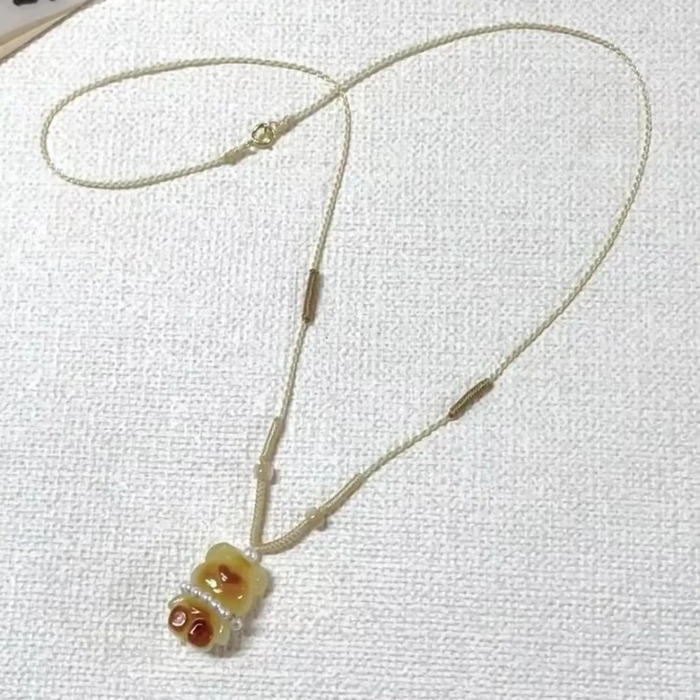 Caramel Pudding Bear Pendant Woven Necklace For Women