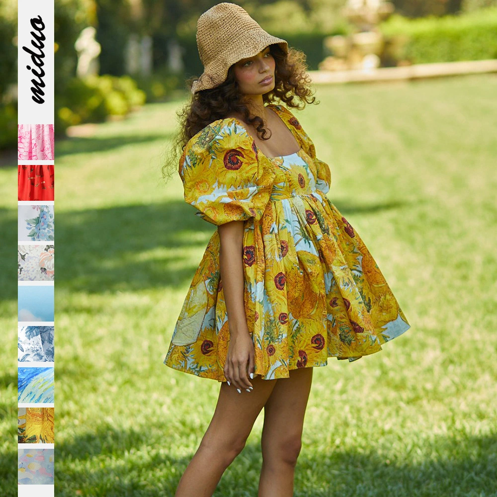 Digital Printed Square Collar Lantern Short Sleeve Women's Clothing Dress