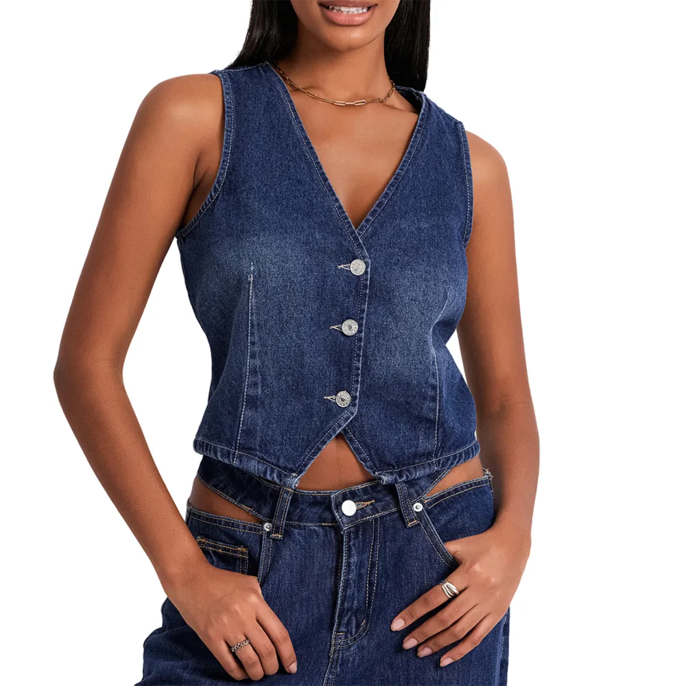 Women's Slim Denim Vest Solid Color V-Neck Sleeveless Jean Jackets