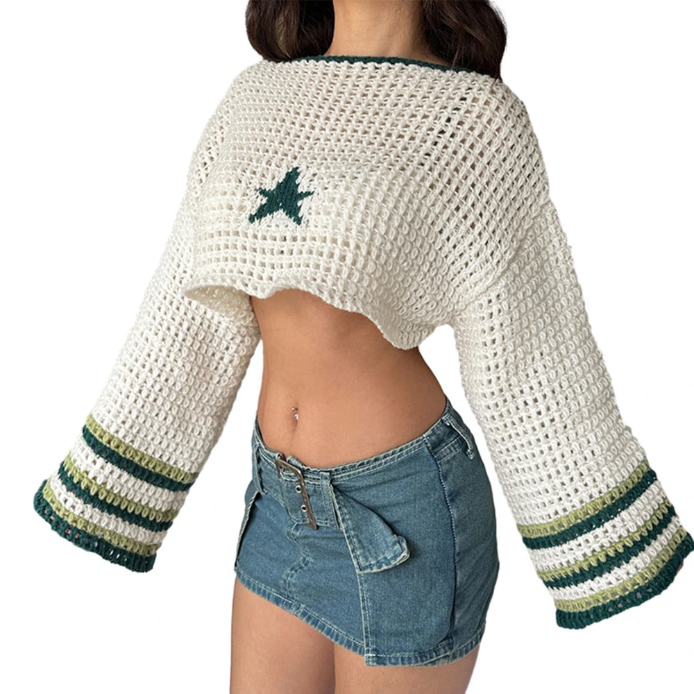 Women Knit Cover-up, Long Sleeve Star Stripes Hollowed Crop Top