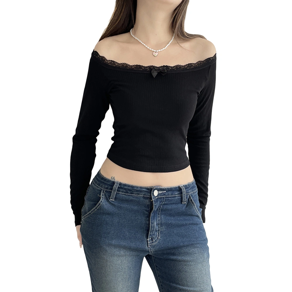 Women Crop Off-Shoulder Tops Lace Patchwork Long Sleeve Shirt Pullover