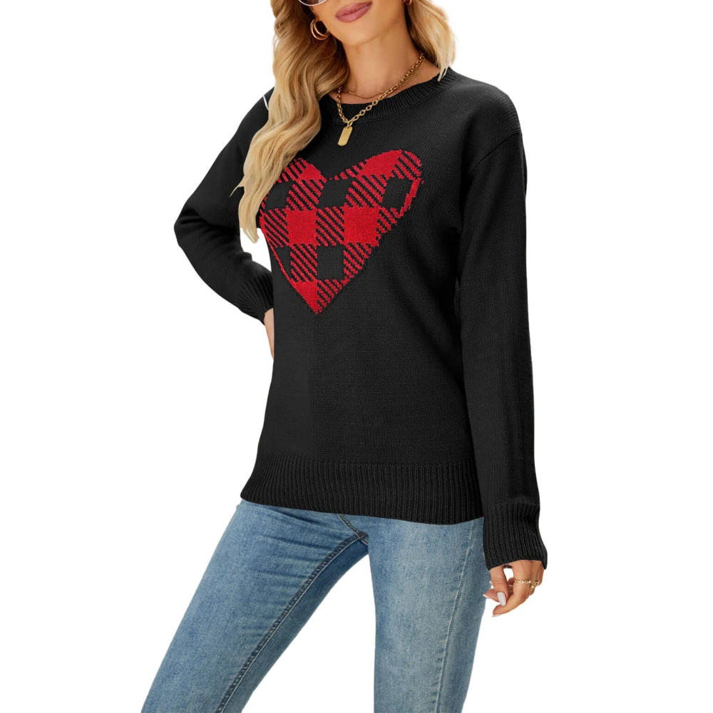 Women's Plaid Heart Print Sweaters Long Sleeve Round Neck Pullovers