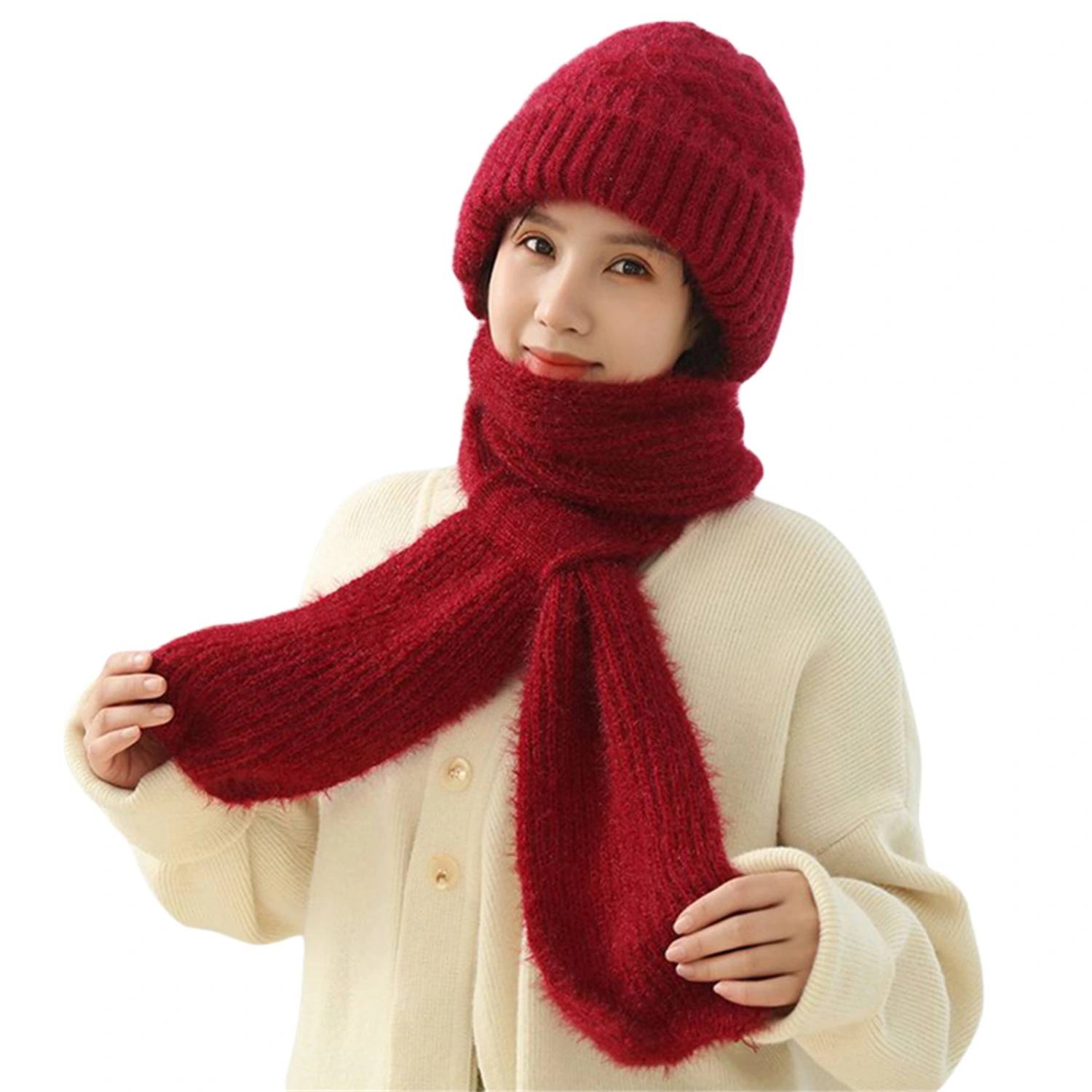 Women Winter Hat Scarf 2-in-1 Fleece Lined Weave Cable Knitted Hats