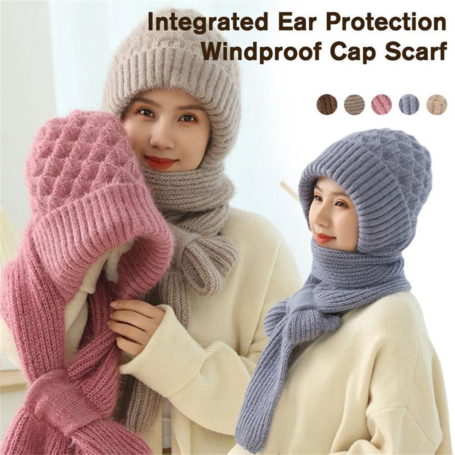 Women Winter Hat Scarf 2-in-1 Fleece Lined Weave Cable Knitted Hats