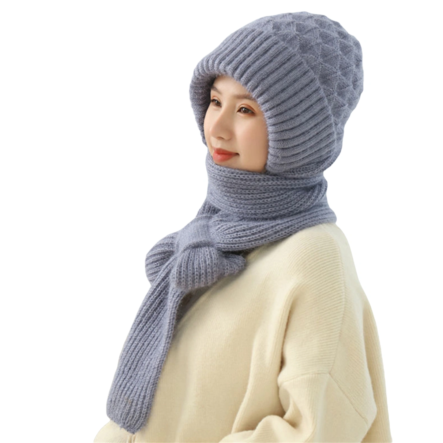 Women Winter Hat Scarf 2-in-1 Fleece Lined Weave Cable Knitted Hats