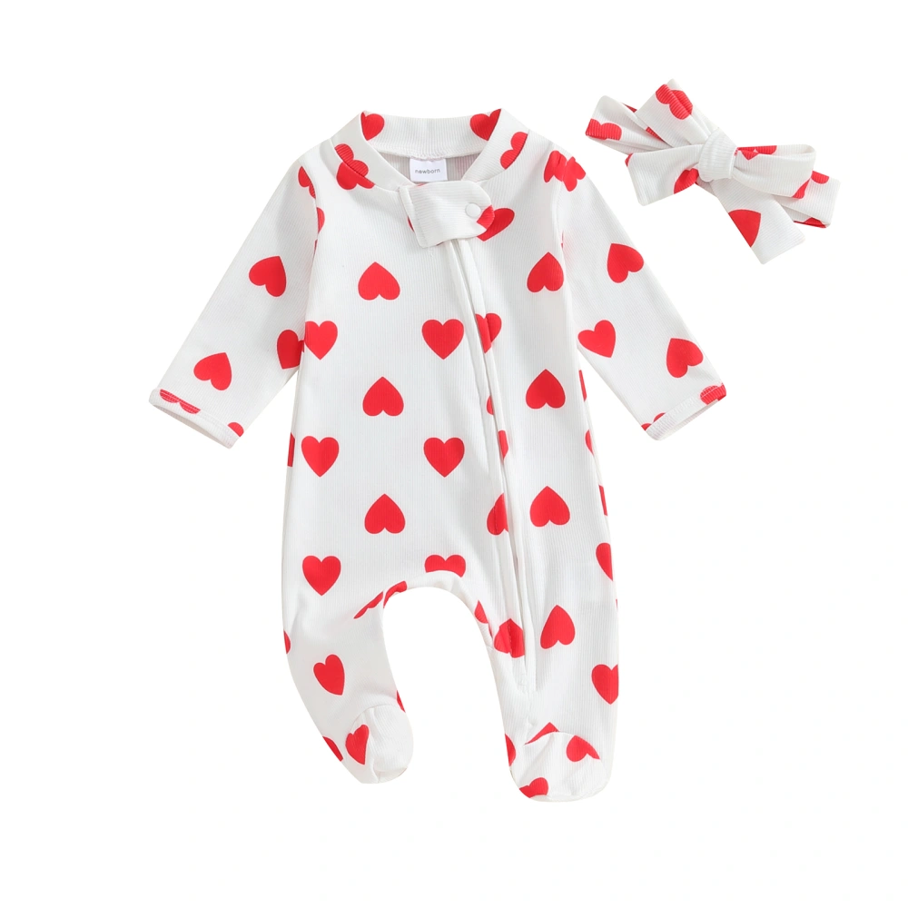 Baby Girl Valentine's Day Outfits Long Sleeve Zip Romper with Headband