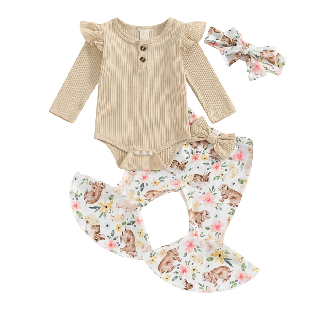 Girl Easter Long Sleeve Romper with Flower&Bunny Flare Pants Headband