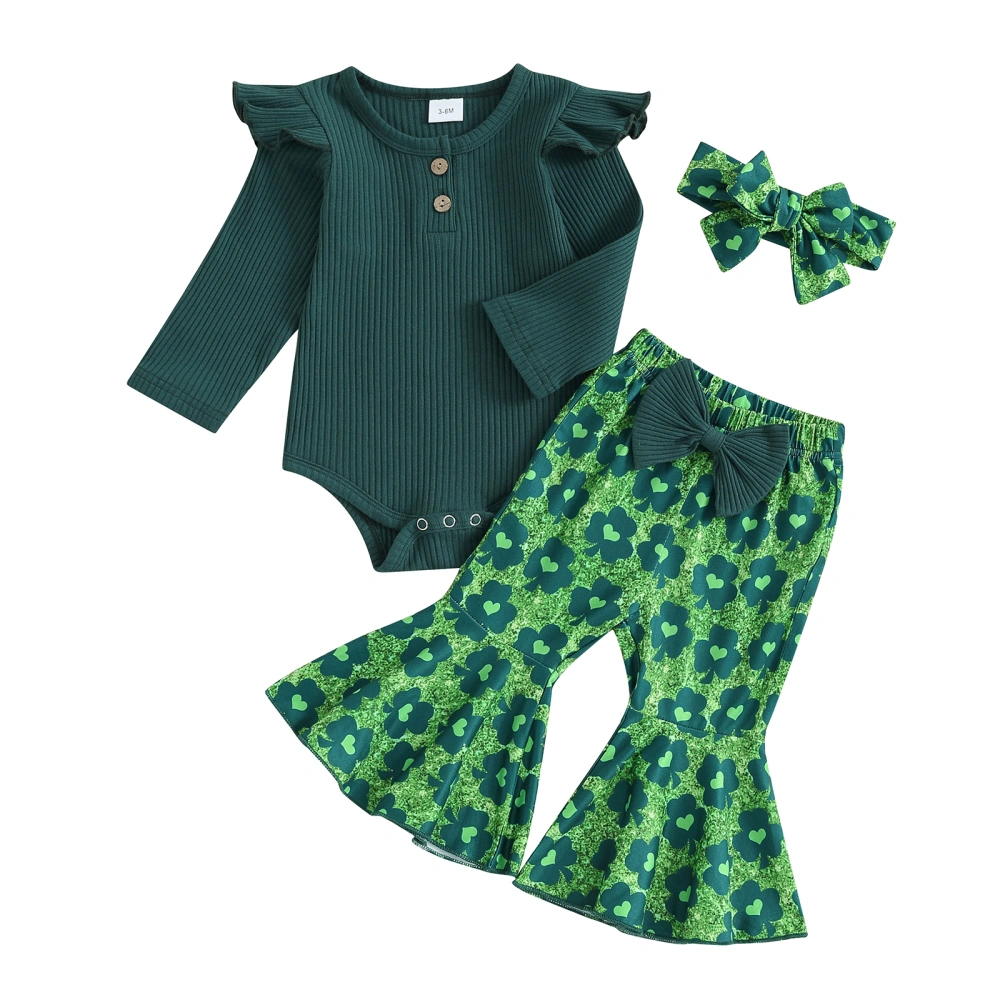 Baby Girls Irish Day Outfits Ribbed Romper + Flare Pants + Headband 