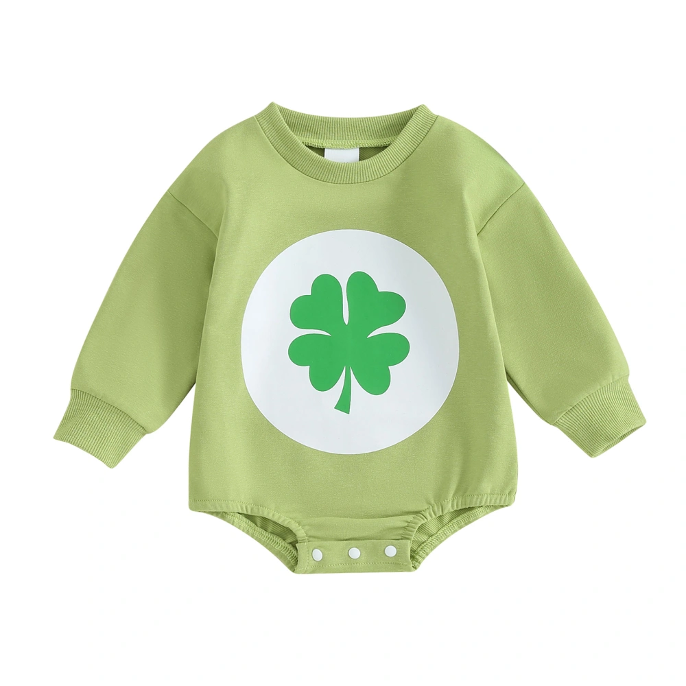 Baby Boy Romper, Long Sleeve Crew Neck Shamrock Print Fall Bodysuit