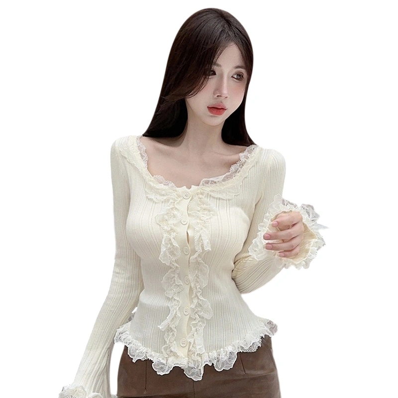 Women Knit Tops Long Sleeve Button Closure Lace Patchwork Fall T-shirt