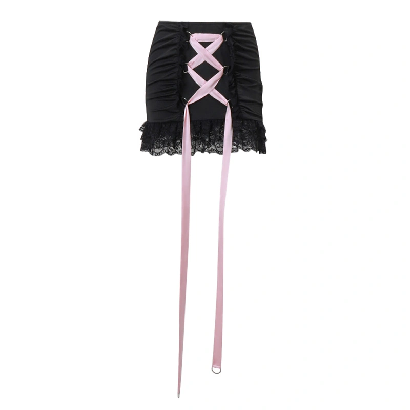 Women's Mini Skirts Low Waist Cross Tie-up Front Ruched Bodycon Skirts