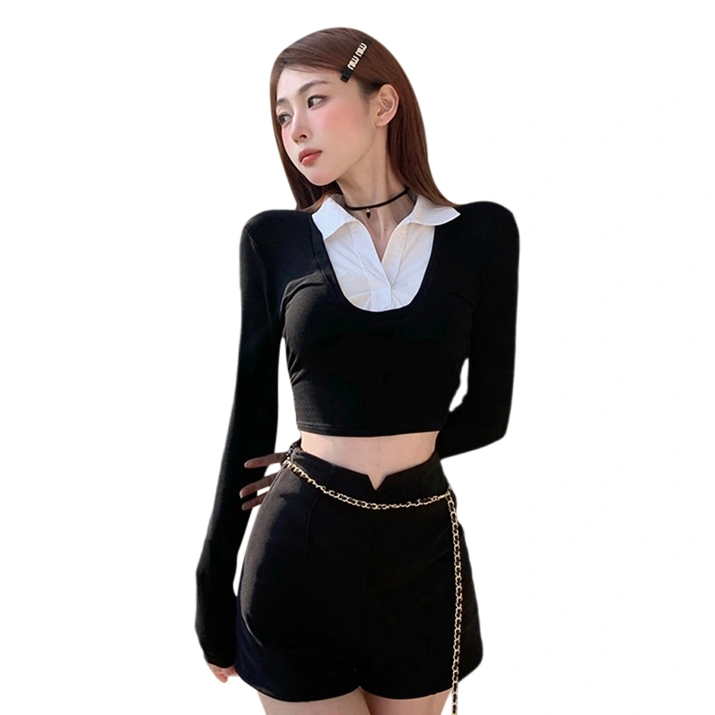 Women's Lapel Collar Crop Tops Casual Long Sleeve Patchwork T-Shirts