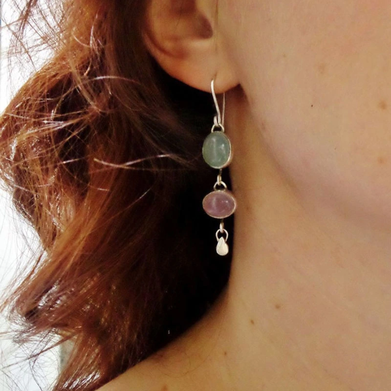 New Simple Asymmetric Pink And Green Oval Opal Pendant Earrings