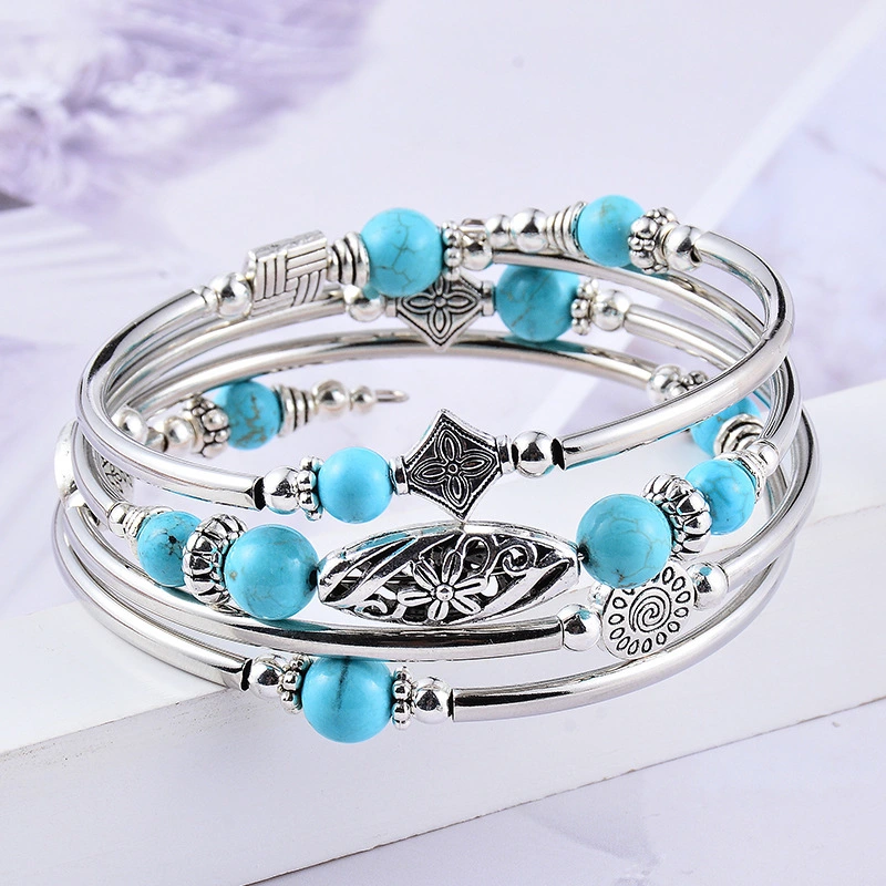 Multi-circle Layered Natural Stone Turquoise Winding Bracelet