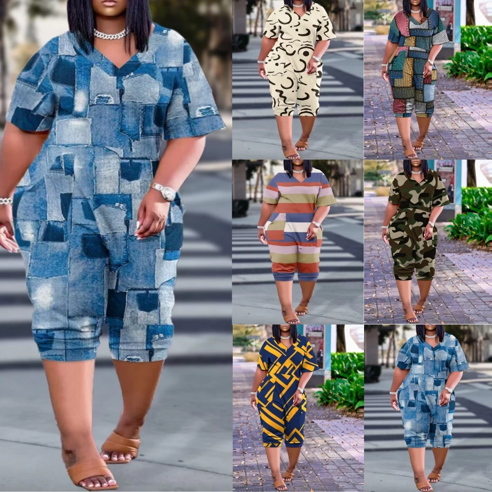 Summer Loose V-neck Stitching Patch Pocket Printed Jumpsuit